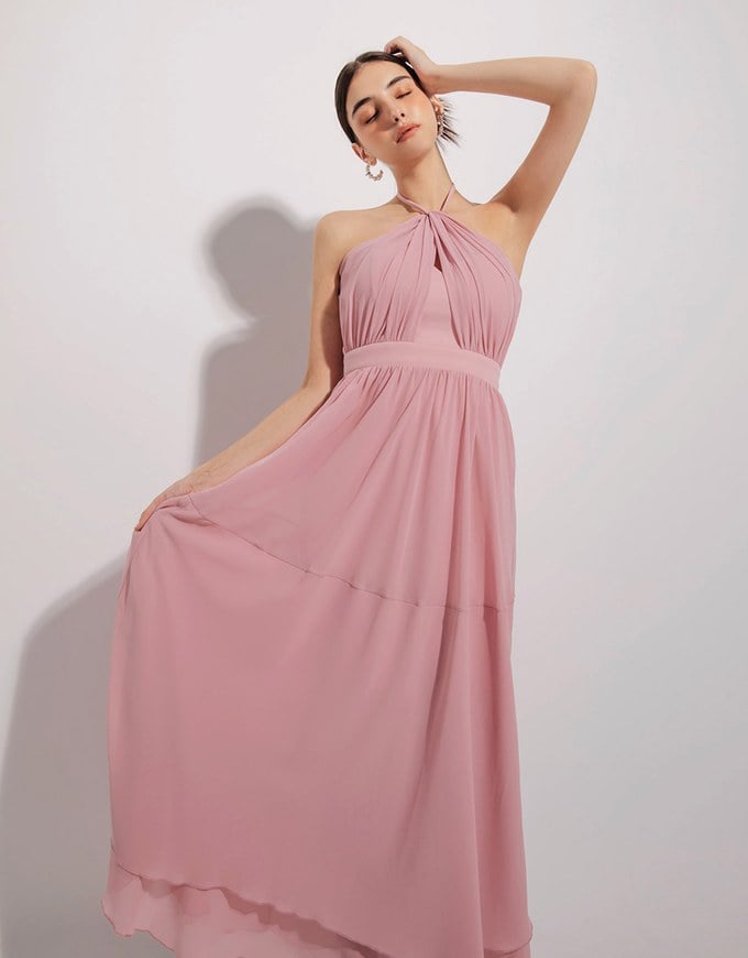 Semi Sheer Halter Chiffon Padded Maxi Dress