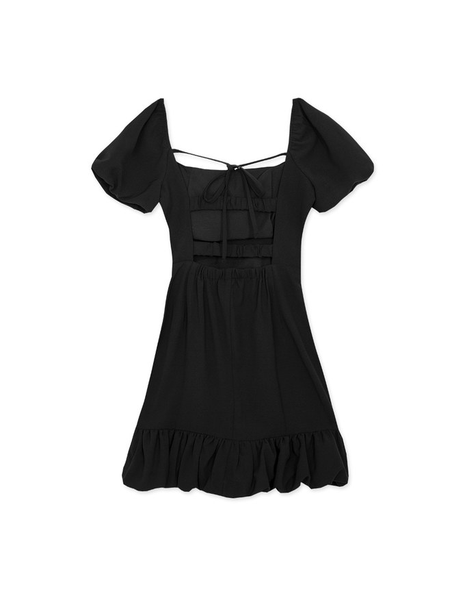 Hollow Back Puff Sleeve Padded Mini Dress