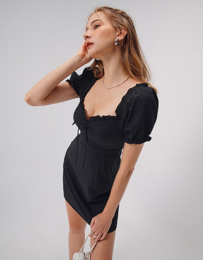 Corset Style Lace Up Puff Sleeve Mini Dress With High Waist