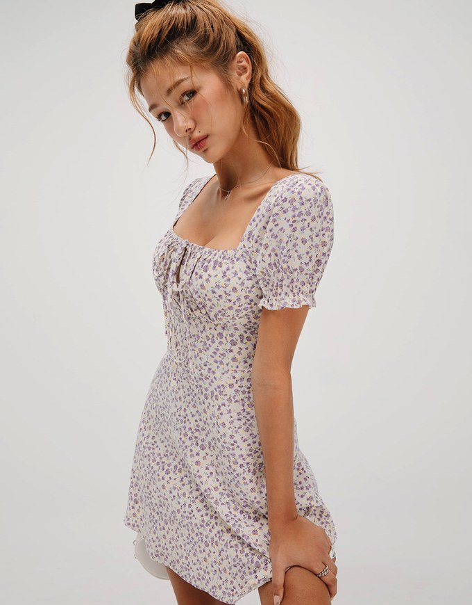 French Floral Tie Mini Dress