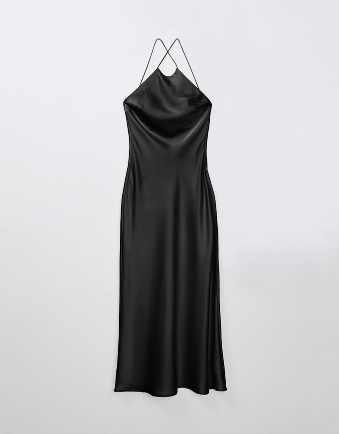 [Mercedes' Design] Satin Hollow Out Low Back Halter Neck Maxi Dress