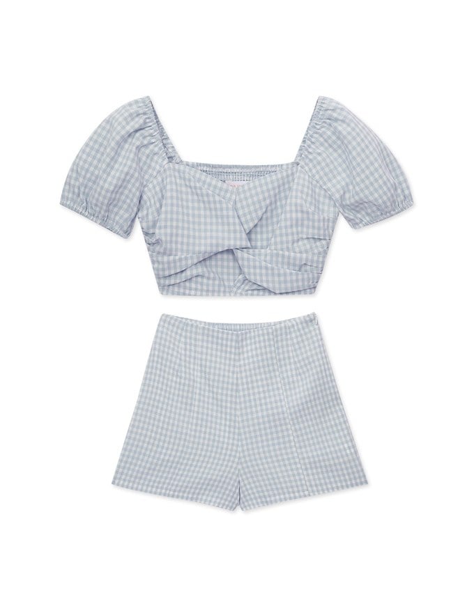 French Plaid Ruched Short Sleeve Set Wear