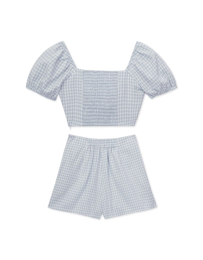 French Plaid Ruched Short Sleeve Set Wear