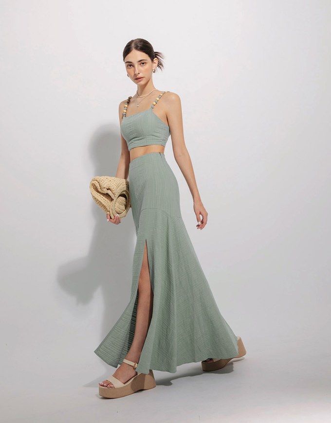 Bohemian Boho Style Beaded Top And Front Slit Long Skirt Set Wear