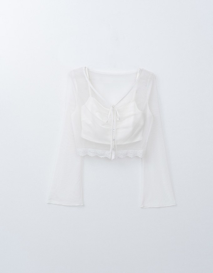 Sheer Tie Up Buttoned Shirt With Thin Strap Cami Padded Top Set Wear