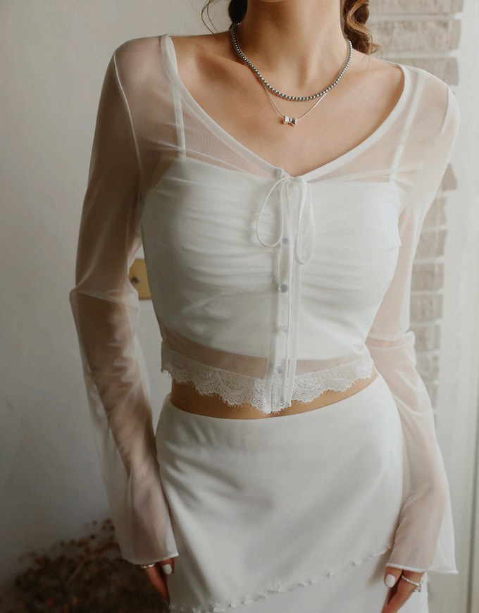 Sheer Tie Up Buttoned Shirt With Thin Strap Cami Padded Top Set Wear