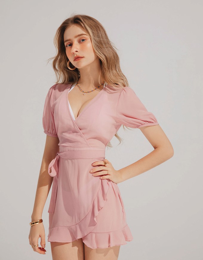 Puff Sleeve Tie Strap Fishtail Mini Dress