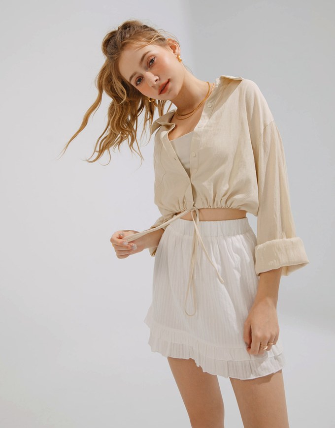 Sheer Drawstring Open Collar Blouse