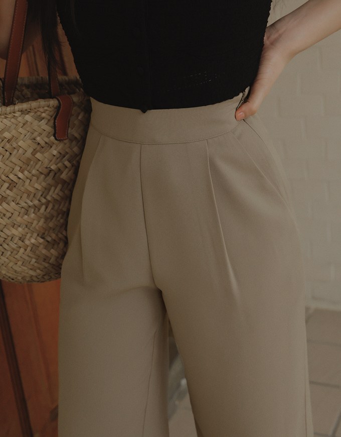 Classic Pleated Straight Leg High Waist Wide Trousers