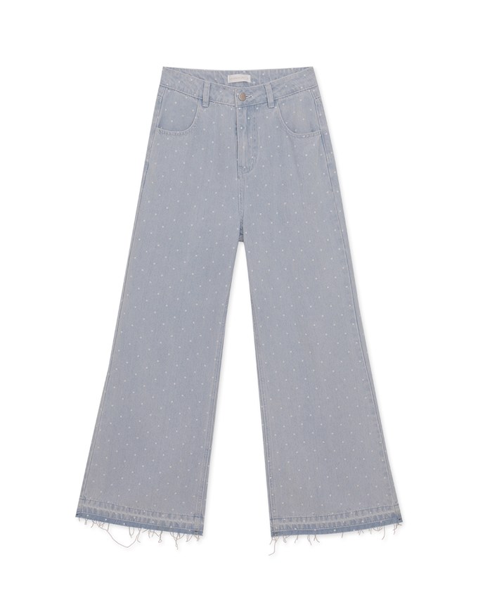 Dotted Fringed High Waist Wide Leg Jeans Denim Pants Culottes