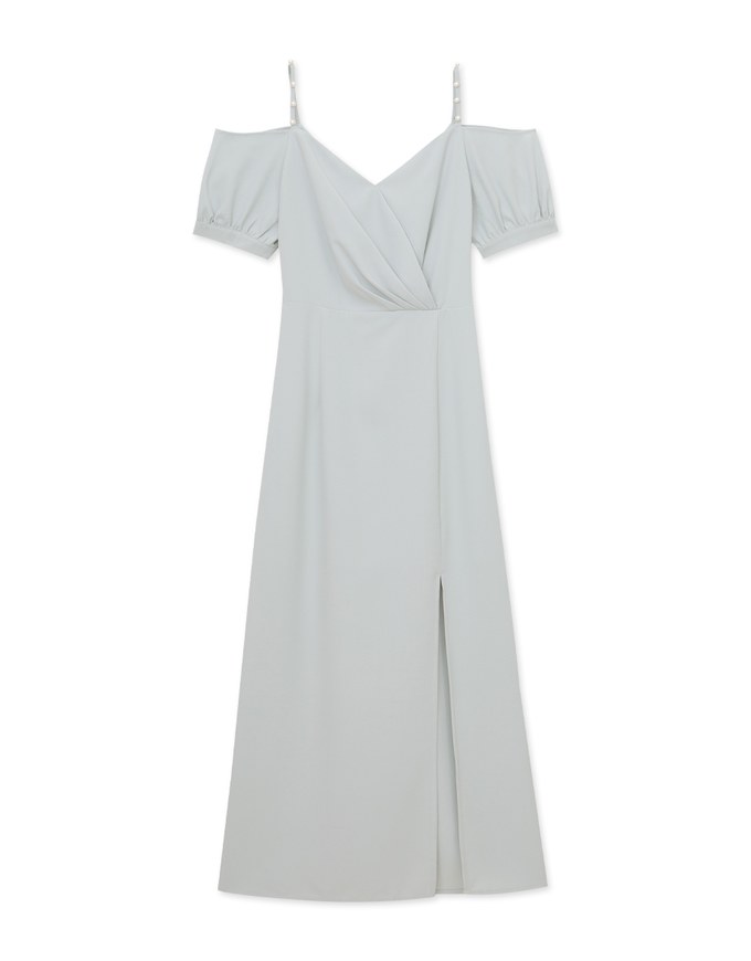 Elegant Pearl Strap Puff Sleeve Maxi Dress