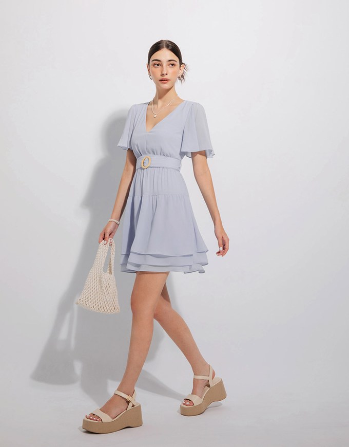 Layered Sheer Chiffon Mini Dress (With Belt)