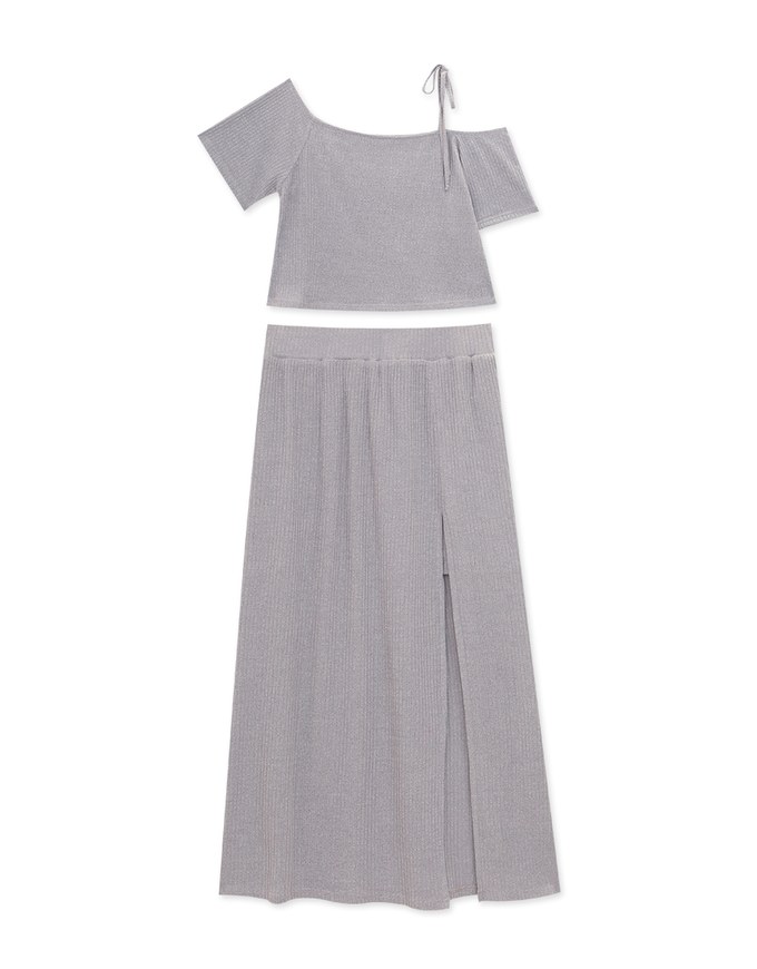 Off Shoulder Ribbed Top And Slit Maxi Skirt Set Wear