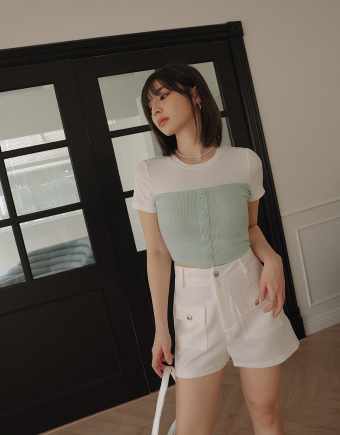 Mixed Material Short Sleeve Top