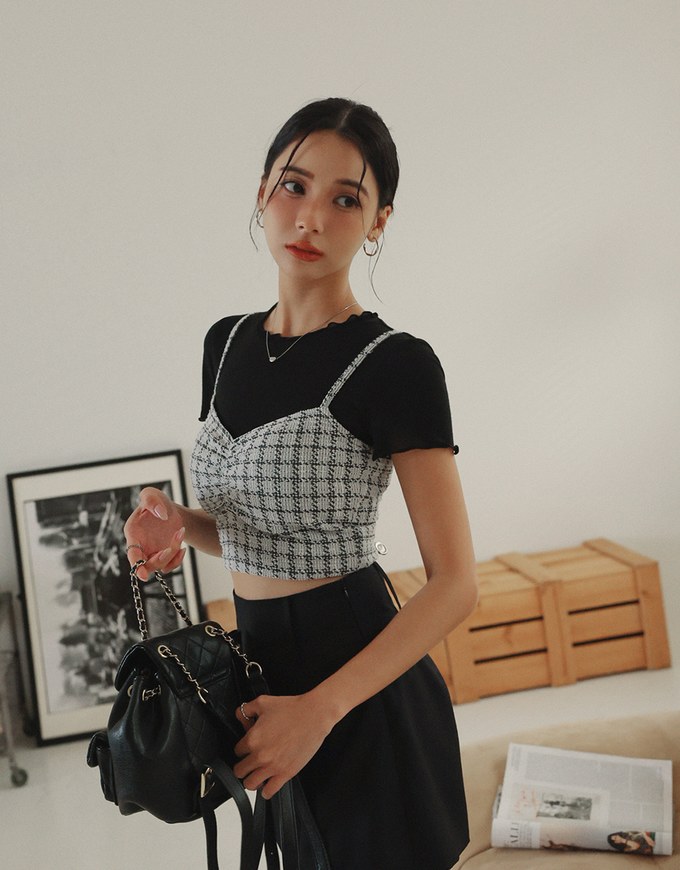 Checkered Textured Thin Strap Padded Cami Top