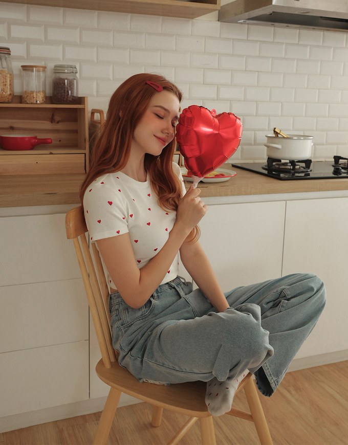 Embroidered Heart Ribbed Top