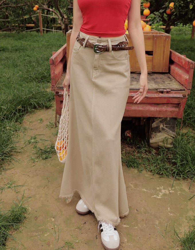 Petite Washed Jeans Denim Fringed Long Skirt