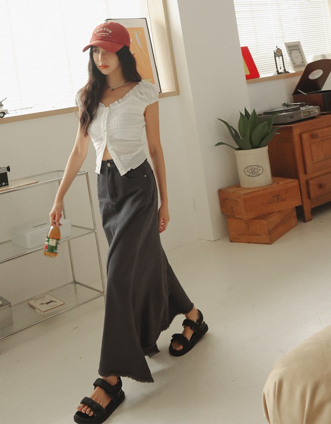 Petite Washed Jeans Denim Fringed Long Skirt