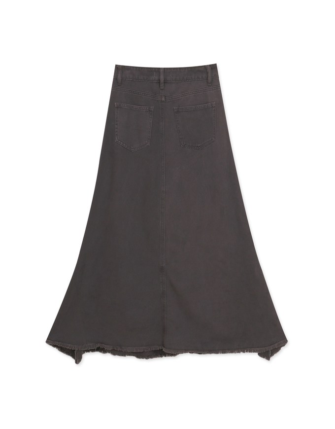 Petite Washed Jeans Denim Fringed Long Skirt