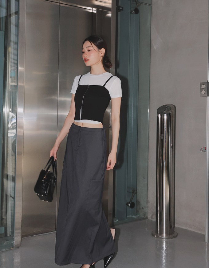 Side Strap Cargo Slit Straight Long Skirt