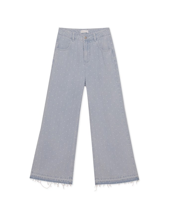 Dotted Fringed High Waist Wide Leg Jeans Denim Pants Culottes