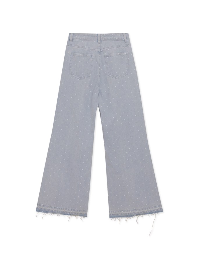 Dotted Fringed High Waist Wide Leg Jeans Denim Pants Culottes