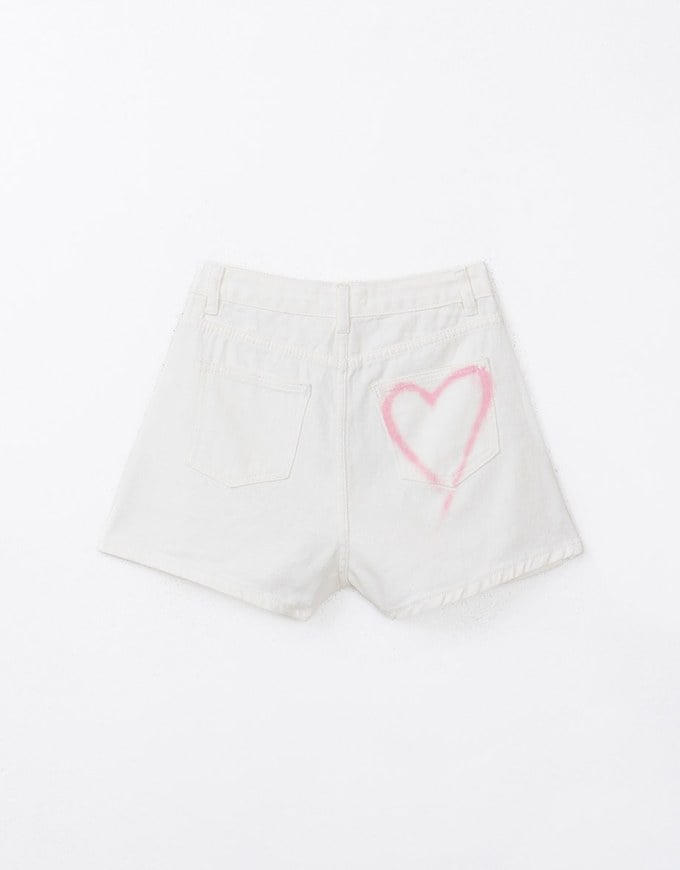 Washed Heart Side Slit Jeans Denim Shorts