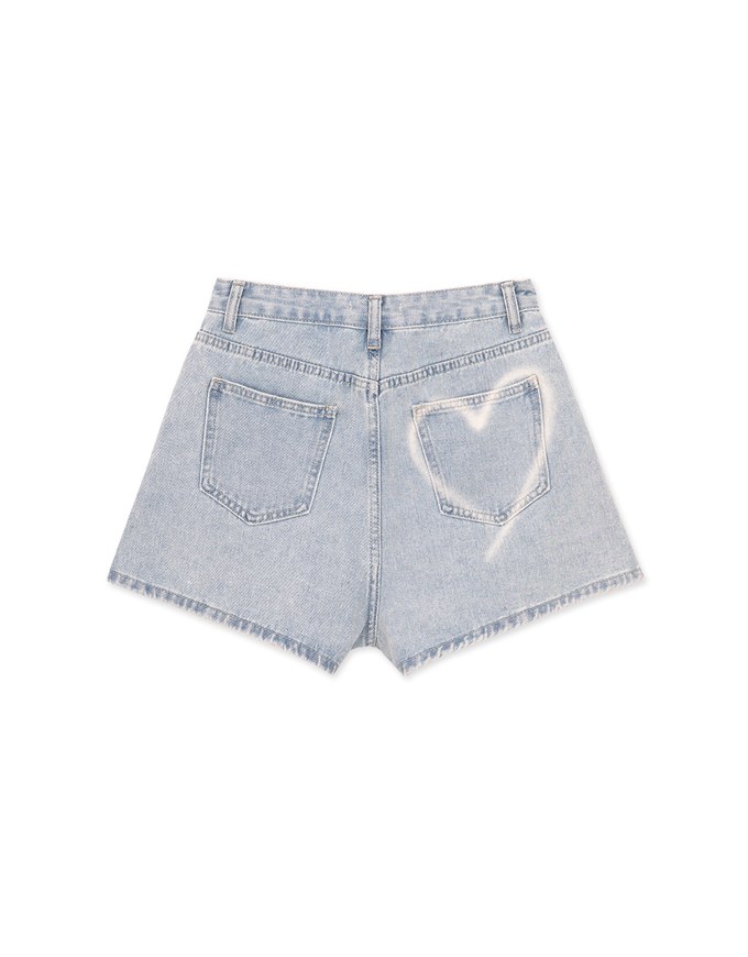 Washed Heart Side Slit Jeans Denim Shorts