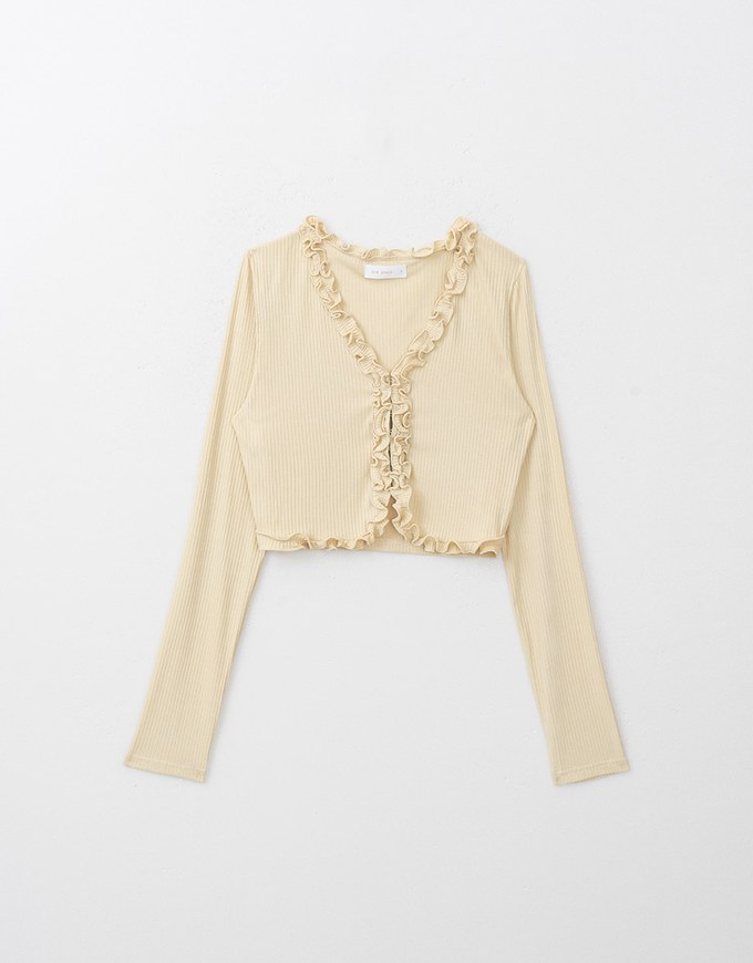 French Style Cardigan Top with Ruffled Trim