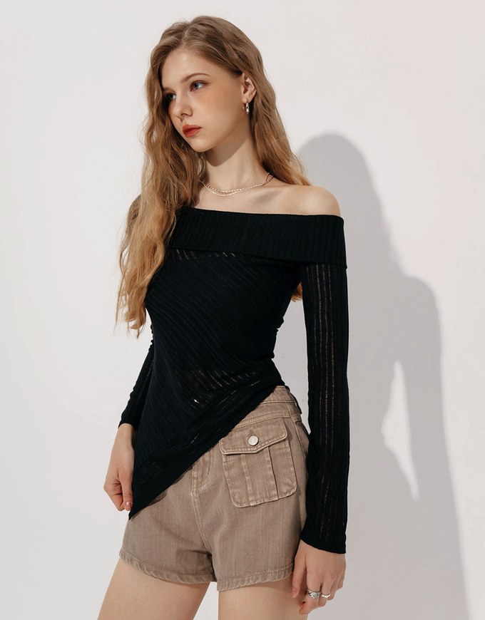 Sheer Asymmetrical Off Shoulder Top