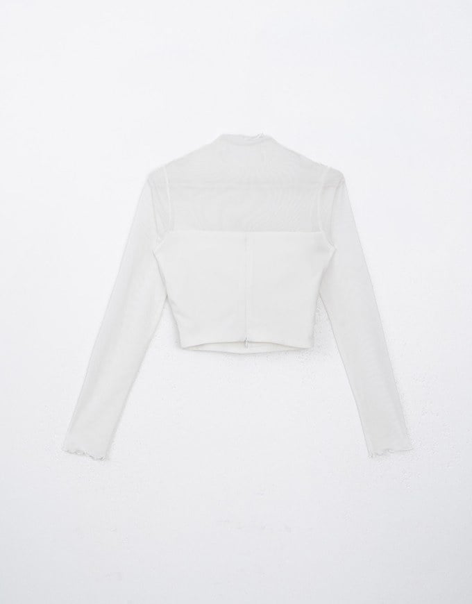 Half Turtleneck Sheer Mesh Patchwork Padded Top