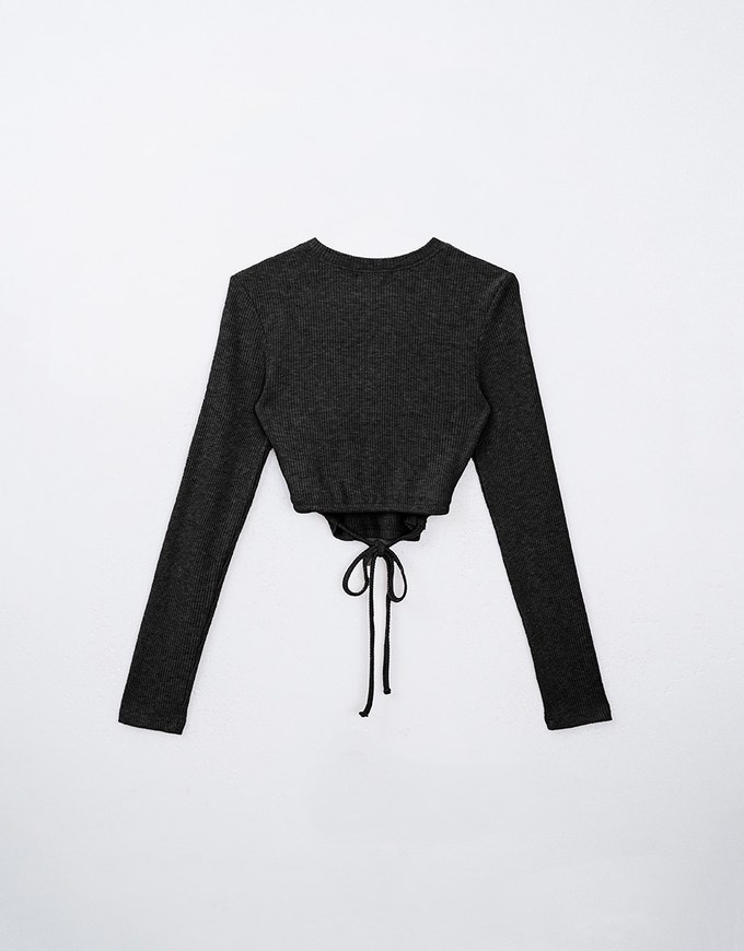 Long Sleeve Skinny Back Tie Round Neck Knitted Top