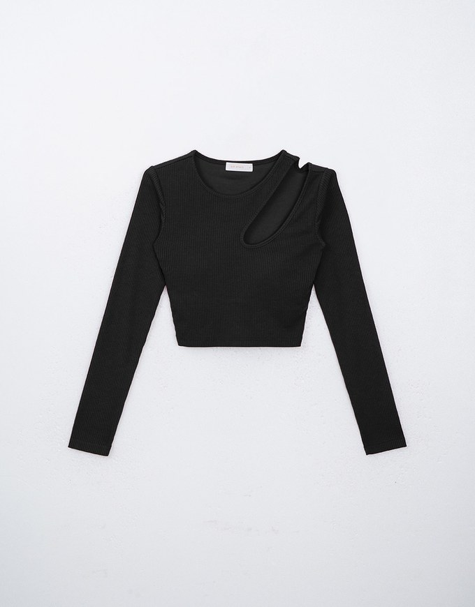 Cut Out Asymmetrical Neck Long Sleeve Ribbed Padded Top