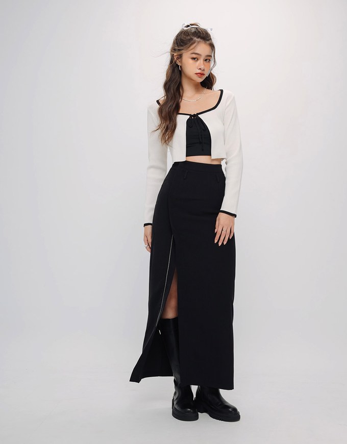 Hidden Placket Double Zipper Slit Long Skirt