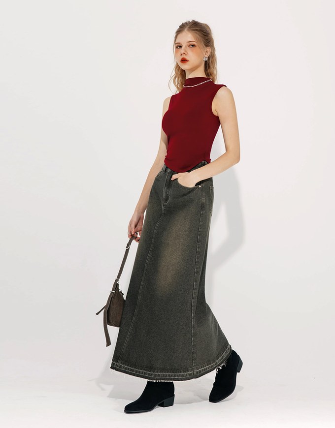 Vintage Distressed Frayed Jeans Denim Maxi Skirt