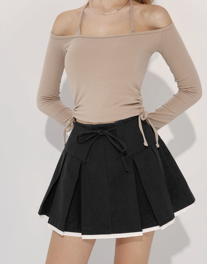 Heavyweight Patchwork Drawstring Pleated Mini Skirt