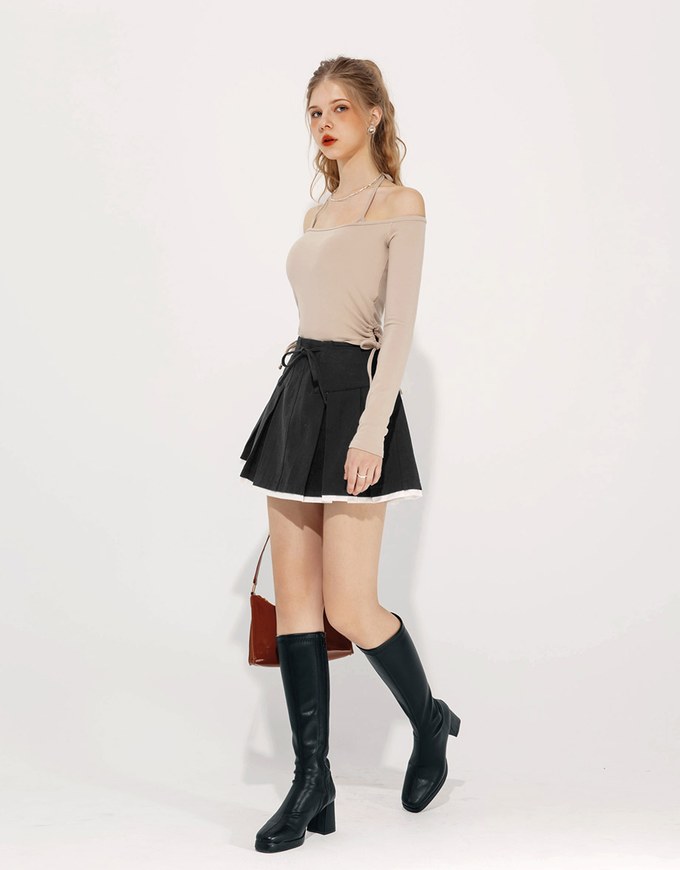 Heavyweight Patchwork Drawstring Pleated Mini Skirt