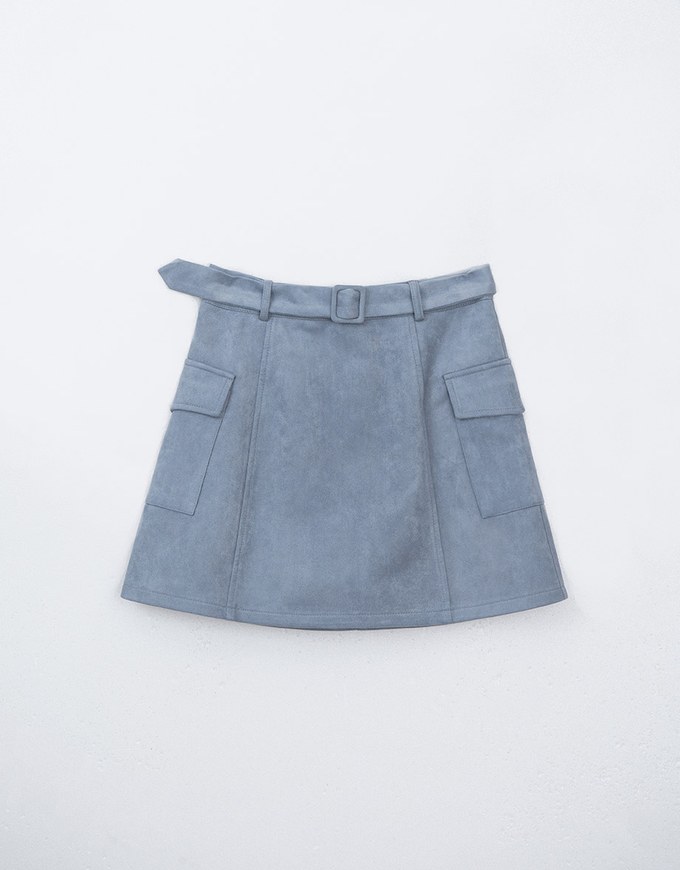 Faux Suede Double Pocket Mini Skirt (With Belt)