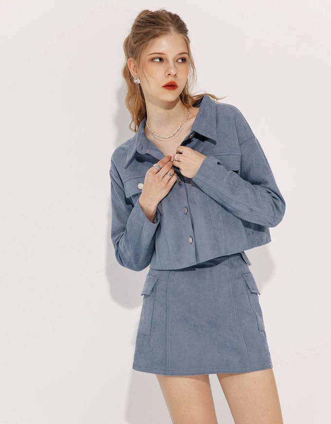 Faux Suede Double Pocket Mini Skirt (With Belt)