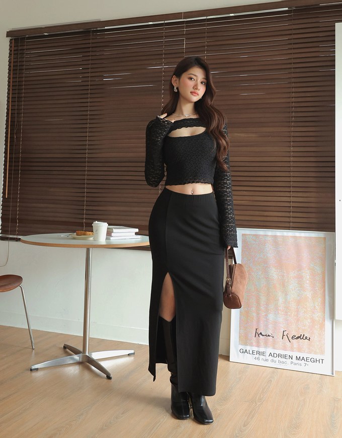 Solid Color Fleece Lined Side Slit Accent Maxi Skirt