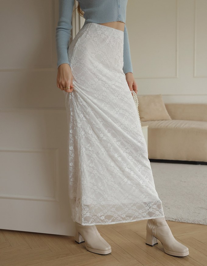 Lace Embroidered Maxi Skirt With Elastic Waistline