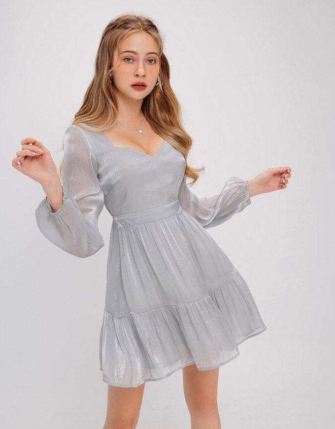 Sweetheart Neckline Silky Glow Satin Mini Dress with Lantern Sleeves