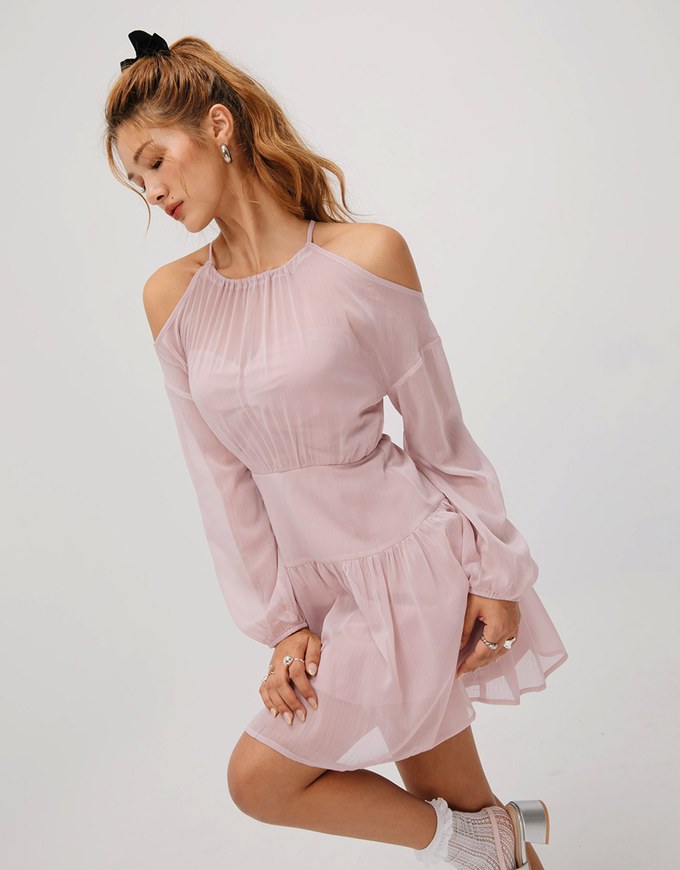 Sheer Off Shoulder Padded Mini Dress