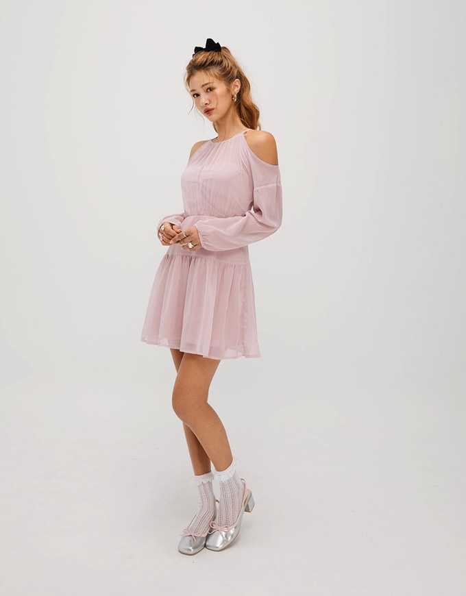 Sheer Off Shoulder Padded Mini Dress