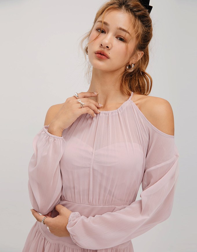 Sheer Off Shoulder Padded Mini Dress