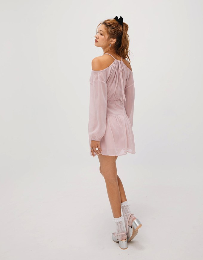 Sheer Off Shoulder Padded Mini Dress