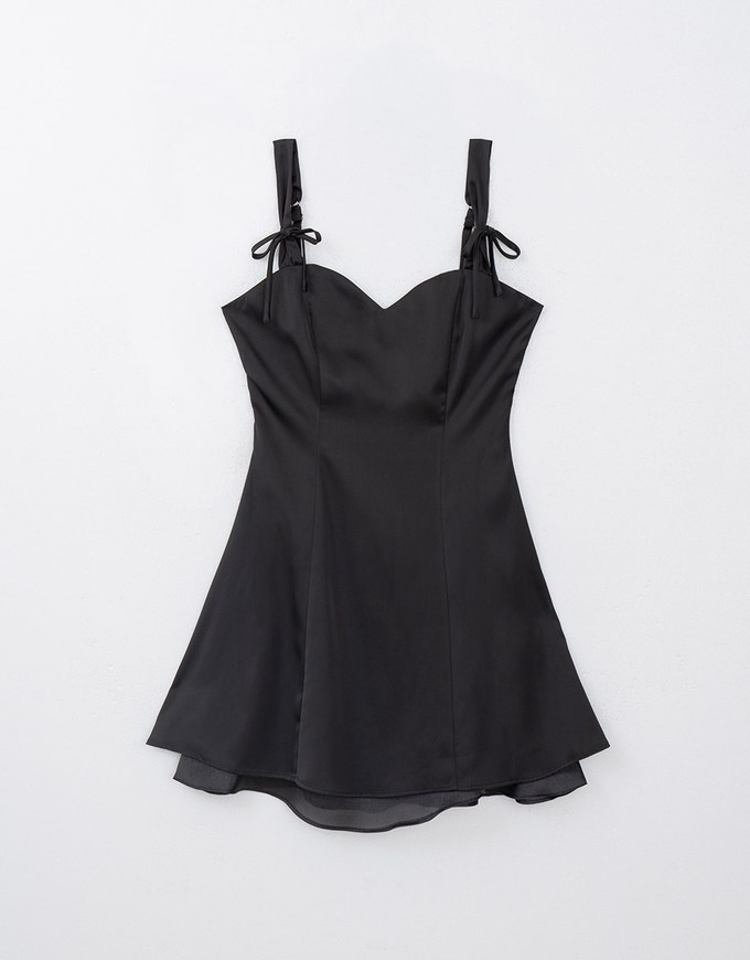 Double Bows Satin Lace Ruffle Cami Mini Dress