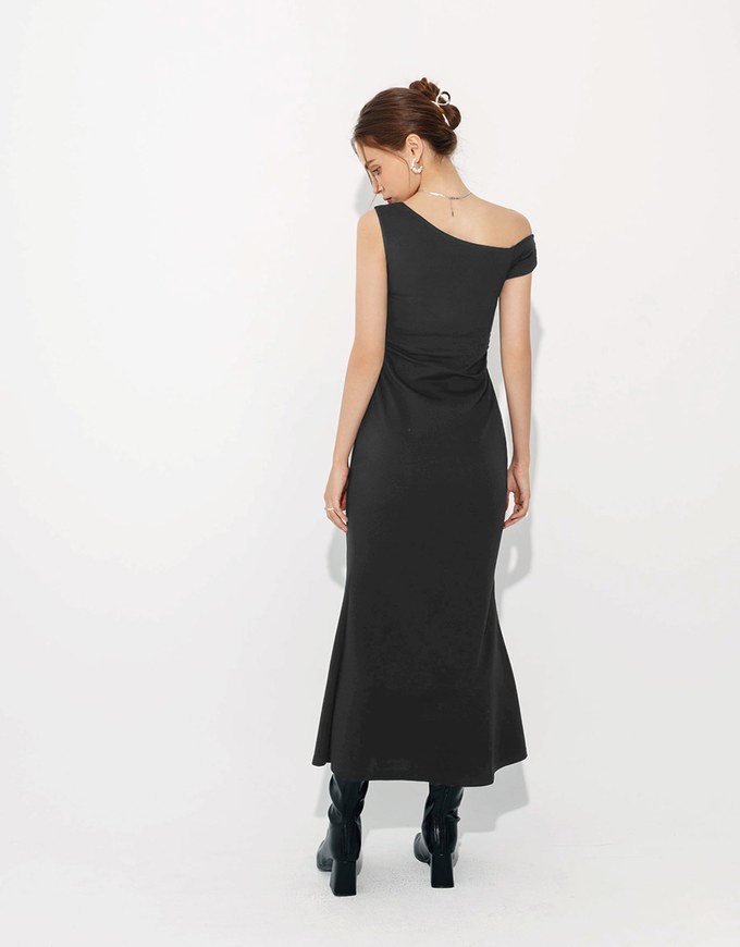 Asymmetrical Side Slit Silky Bodycon Padded Maxi Dress