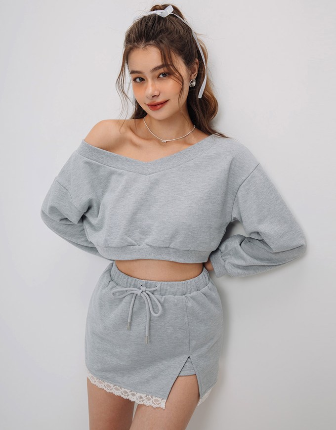 Classic Long Sleeve Cotton Sweatshirt With Lace Hem Skorts Set Wear