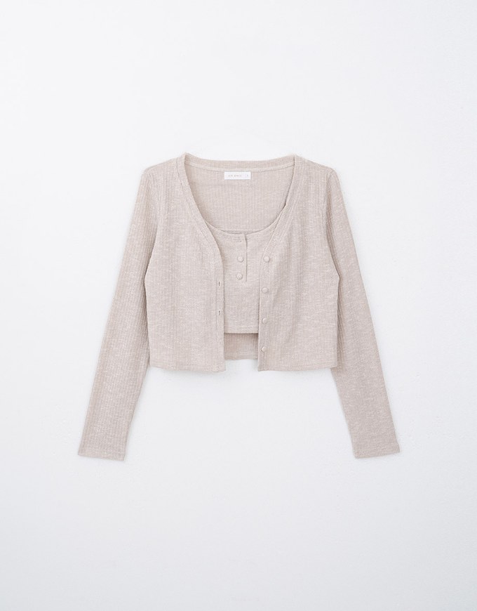 Basic Ribbed Knit Long Sleeve Cardigan and Thin Strap Cami Padded Top Set Wear